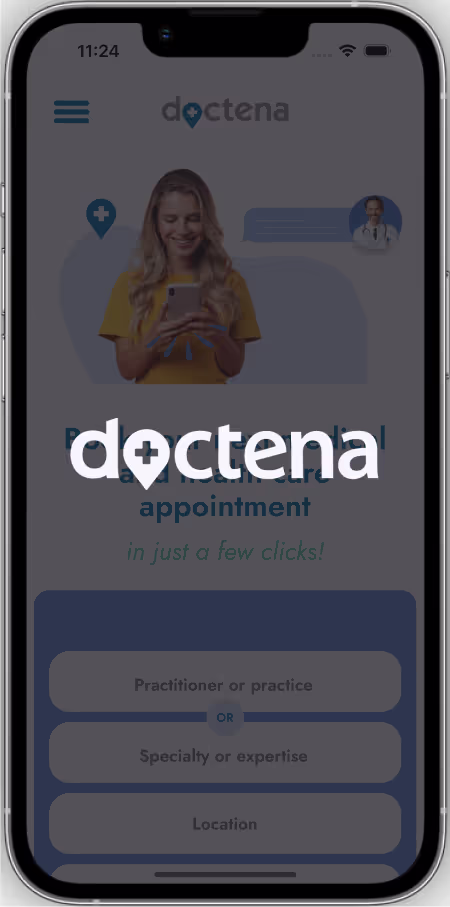 A phone screen showing the doctena website.
