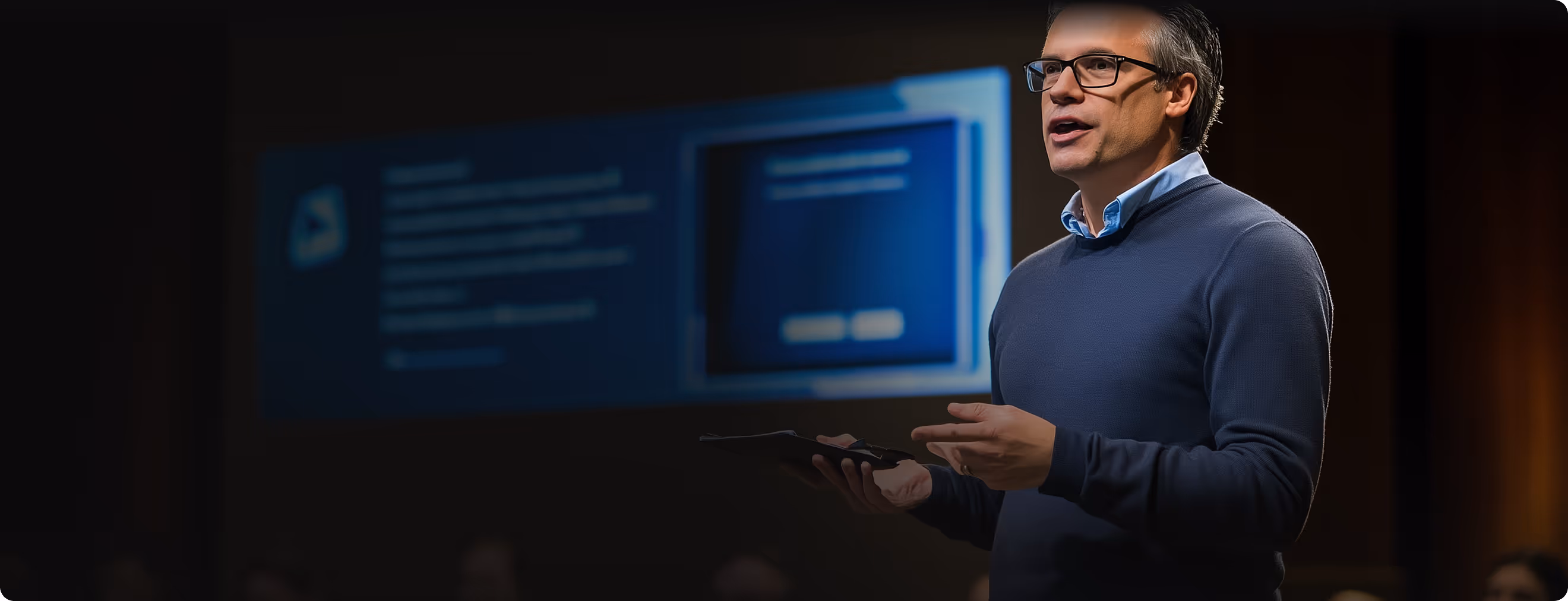 IT leader presenting in an office