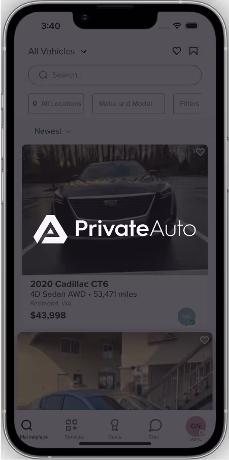 A phone screen showing the PrivateAuto site.