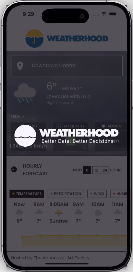 A phone screen showing the Weatherhood website.